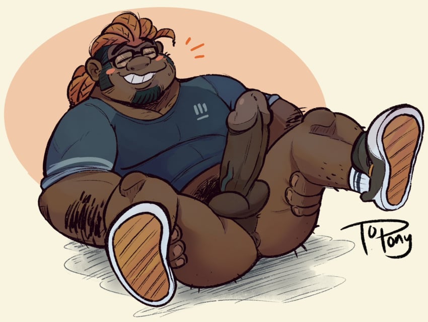 1boy anus arm_hair big_penis blue_shirt blush_stickers closed_eyes dark-skinned_male dark_skin glasses human leg_hair male no_pants original penis presenting pubic_hair smiling solo_male topony two_tone_hair vein veiny_penis