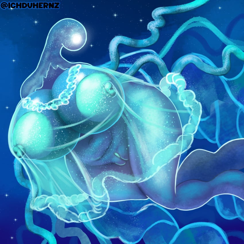 anthro areola big_breasts breasts cnidarian elden_ring elden_ring_nightreign faceless faceless_character faceless_female female fromsoftware genitals glowing glowing_areola glowing_nipples hand_on_breast hi_res holding_breast huge_breasts humanoid ichduhernz jellyfish long_neck marine maris_fanthom_of_night medusozoan monster multicolored_body navel nipples nude overweight overweight_female overweight_humanoid solo thick_thighs two_tone_body vulva