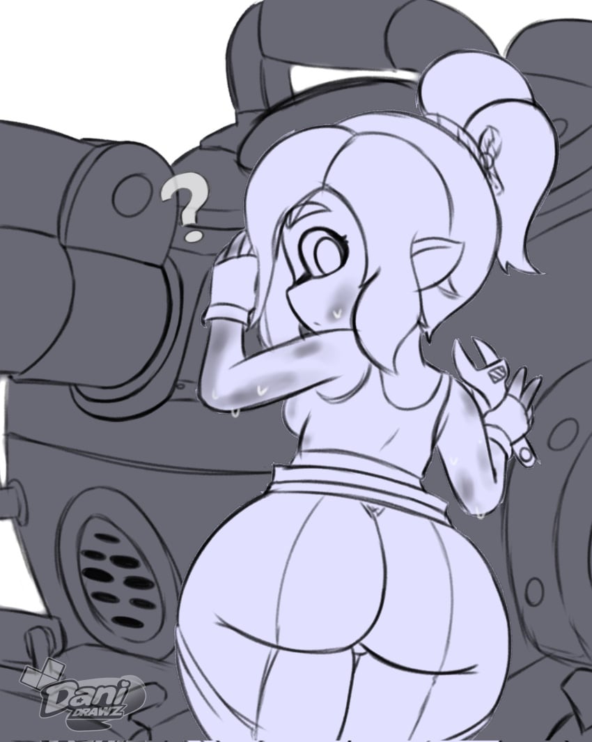 1girls ? ass breasts danidrawz greyscale inkling inkling_girl looking_at_viewer looking_back looking_back_at_viewer mechanic_(splatoon_raiders) nintendo pants pointy_ears ponytail splatoon splatoon_raiders strap_slip sweat tank_top tentacle_hair two_tone_hair wrench
