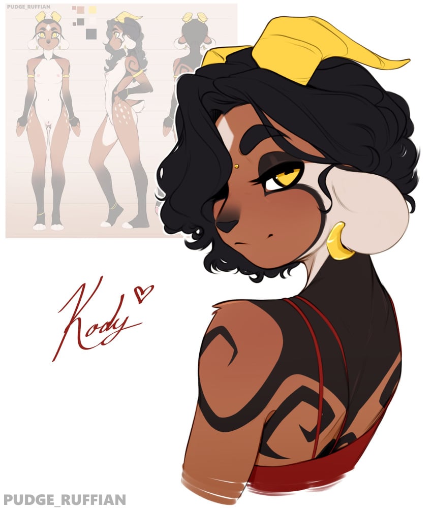 absurdres animal_ears artist_name black_hair black_skin body_fur brown_fur colored_skin earrings female full_body furry furry_female goat_ears goat_girl goat_tail heart highres horns jewelry kody_(pudgeruffian) long_hair looking_at_viewer looking_back multiple_views original pudgeruffian pussy short_hair smile white_background