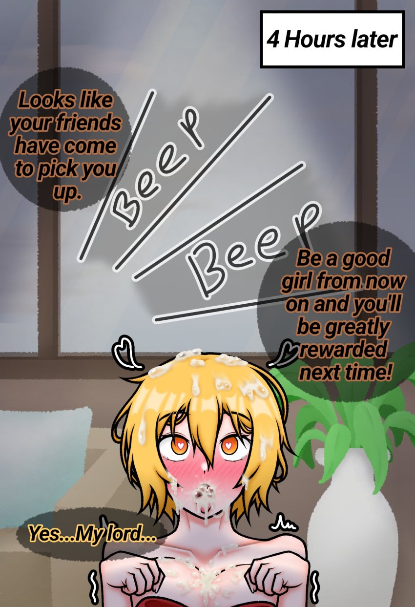 1boy 1girl1boy 1girls begging_pose big_breasts blonde_female blonde_hair blowjob blush blushing_female bondage breasts cum cum_bubble cum_on_face cumdump cumslut dialogue don_quixote_(limbus_company) english_text female gift gift_wrapping heart heart-shaped_pupils kneeling kreky large_breasts limbus_company male motion_lines partially_clothed project_moon ribbon ribbon_bondage ribbons saliva saliva_bubble saliva_on_penis semen_bubble semen_on_penis siegfried_(limbus_company) text text_bubble time_skip tongue tongue_out yellow_eyes yellow_hair