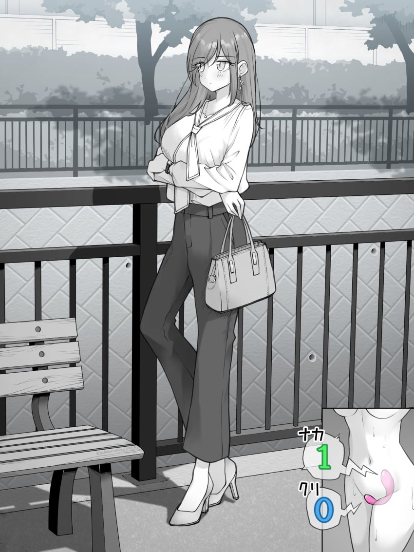 bag breasts closed_mouth commentary_request female high_heels highres kakuremino7928 large_breasts large_variant_set limited_palette long_hair neckerchief object_insertion original outdoors pants remote_control_vibrator sex_toy shirt vaginal_object_insertion vaginal_penetration variant_set vibrator vibrator_under_clothes