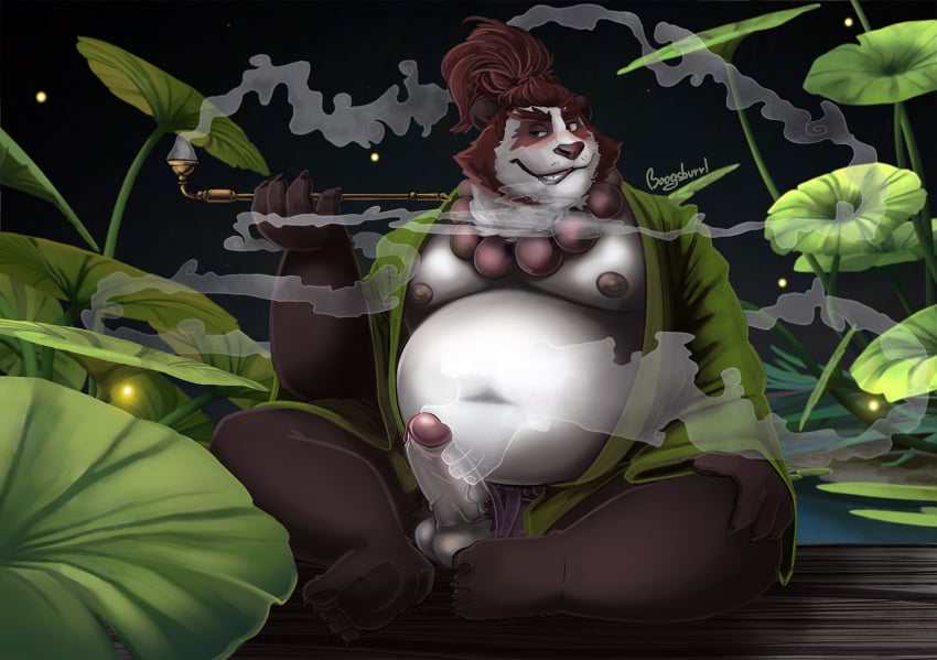 2019 anthro balls belly black_fur blizzard_entertainment blush clothing erection fundoshi fur hi_res japanese_clothing male male_only mammal marazhu moobs navel night nipples outside overweight overweight_male pandaren penis robe sitting solo solo_male st.boogie underwear ursid video_games warcraft water white_fur