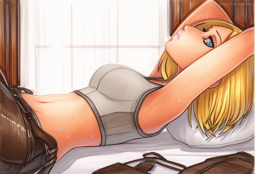 2025 ai_generated annie_leonhart armpits artist_name blonde_hair blue_eyes blush breasts crazyfishbones female large_breasts long_hair navel solo