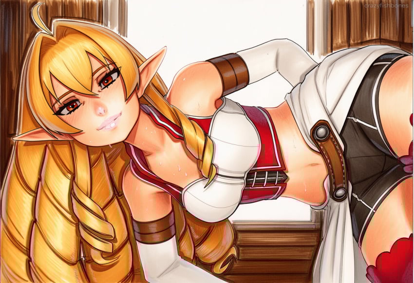 2025 ai_generated artist_name blonde_hair breasts crazyfishbones elf elinalise_dragonroad female large_breasts long_hair pointy_ears red_eyes solo thighhighs