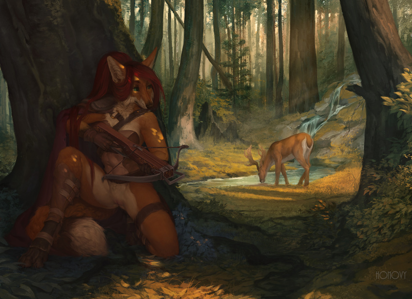 2018 4_toes 5_fingers absurd_res anthro bottomless breasts canid canine cervid crossbow day detailed_background digital_media_(artwork) female fingers forest fox grass green_eyes hair hi_res holding_crossbow holding_object holding_weapon honovy hunter hunting mammal outside pussy ranged_weapon red_hair toes tree weapon