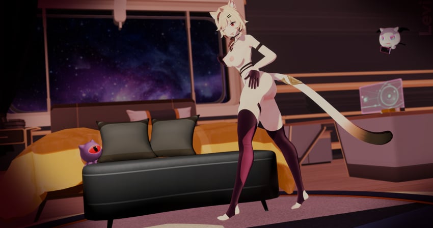 animal_ears black_gloves black_legwear breasts cat_ears cat_tail elbow_gloves female gloves medium_breasts nipples red_eyes sitting solo squchan_(vtuber) standing tail thighhighs toeless_legwear vyugen