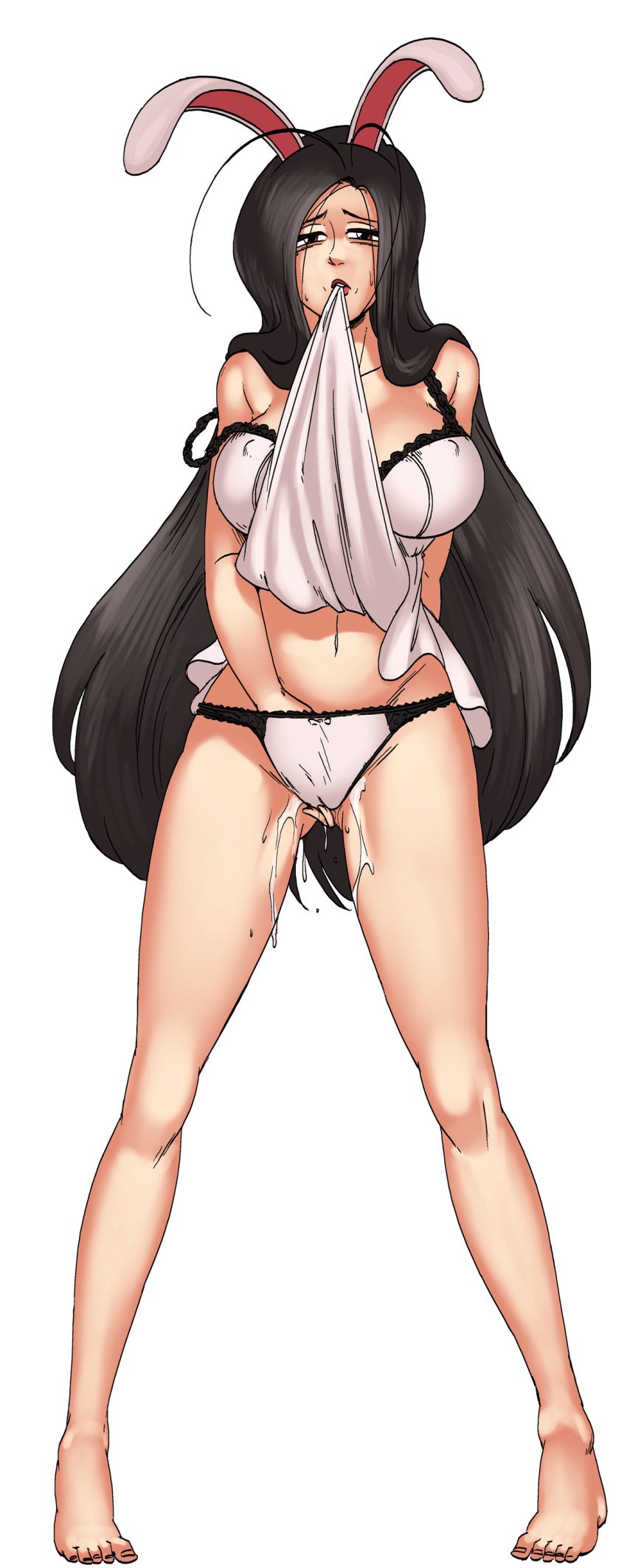 animal_ears bare_shoulders barefoot black_background black_eyes black_hair blush bow_panties bra breasts brown_eyes bunny&#039;s_mother_(hentai_heroes) camisole cg cleavage clothes_in_mouth clothes_lift covered_nipples female female_masturbation fingering full_body hand_in_panties hentai_heroes kinkoid lace_trim large_breasts lingerie lipstick long_hair looking_at_viewer makeup masturbation milf mole mouth_hold nail_polish naughty_face navel official_art panties parody pussy_juice rabbit_ears simple_background smile solo standing standing_masturbation strap_slip thighs toes transparent_background underwear very_long_hair wet_panties white_panties