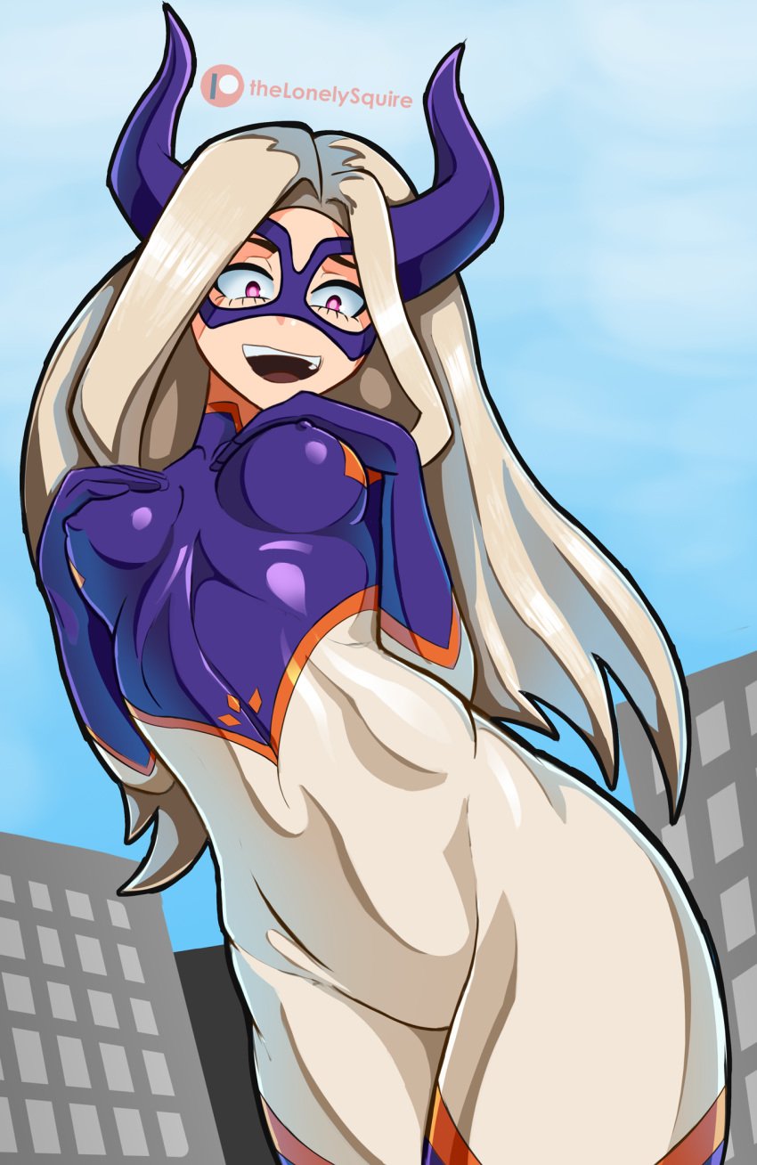 1girls blonde_hair bodysuit breasts erect_nipples giantess mount_lady my_hero_academia patreon patreon_reward skin_tight thelonelysquire watermark yuu_takeyama