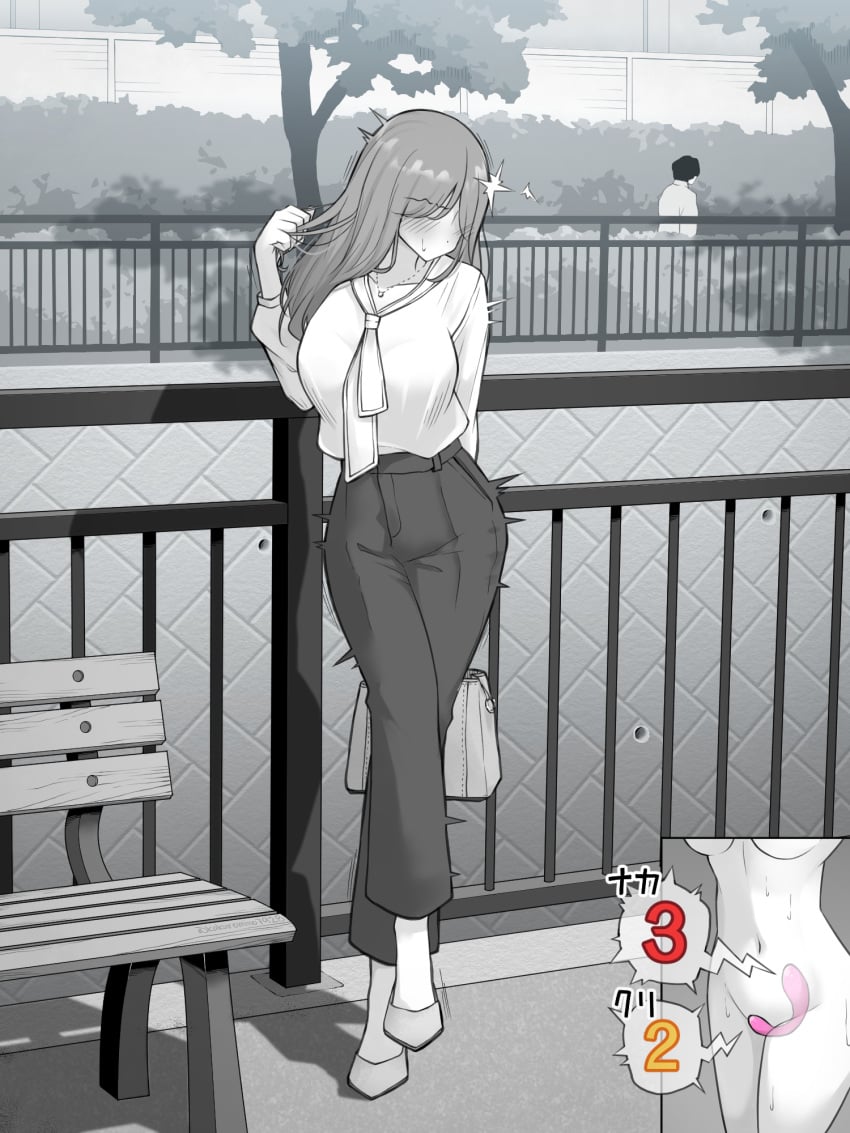 bag blush breasts commentary_request faceless faceless_female female highres kakuremino7928 large_breasts large_variant_set limited_palette long_hair neckerchief object_insertion original outdoors pants remote_control_vibrator sex_toy shirt vaginal_object_insertion vaginal_penetration variant_set vibrator vibrator_under_clothes