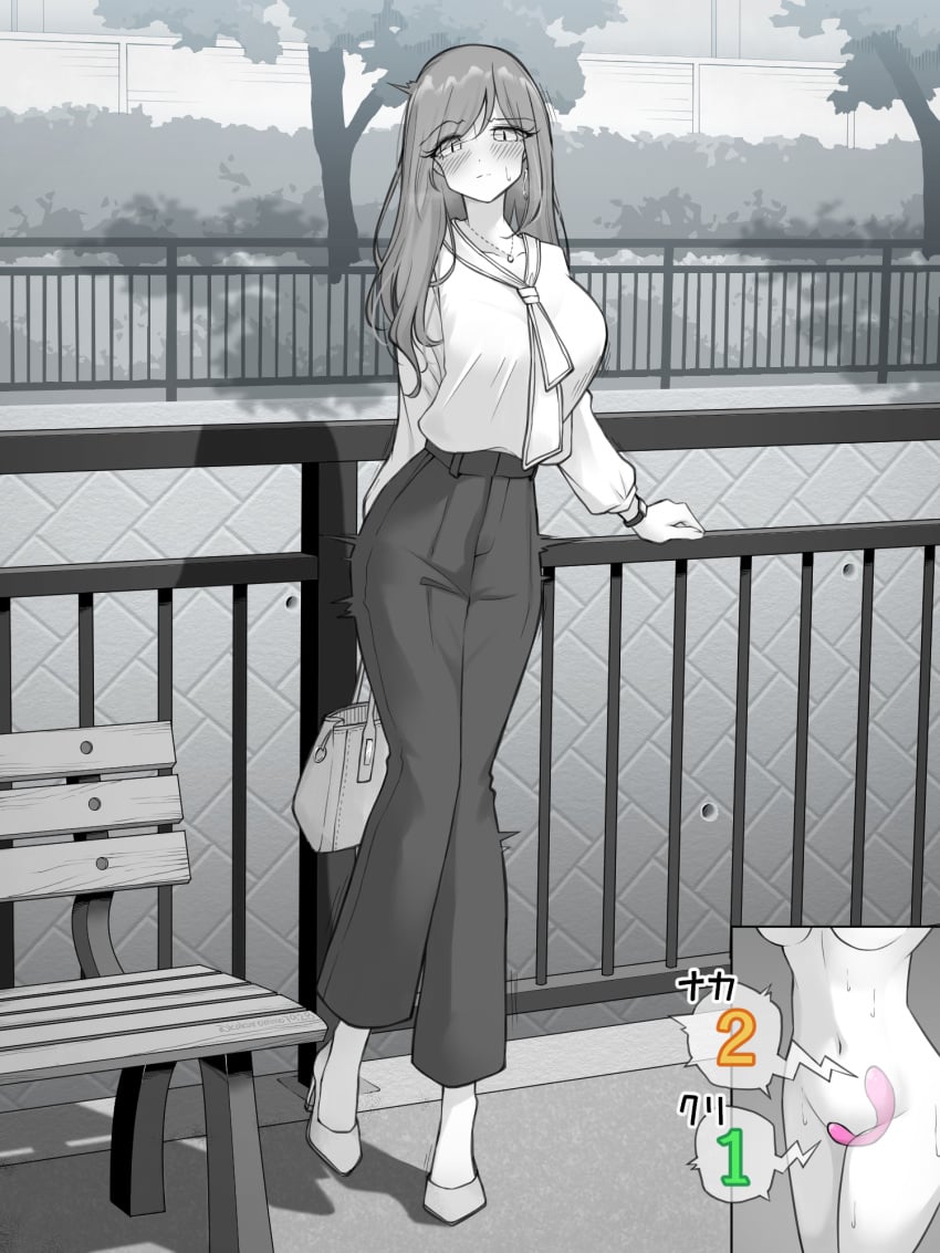 bag breasts closed_mouth commentary_request female high_heels highres kakuremino7928 large_breasts large_variant_set limited_palette long_hair neckerchief object_insertion original outdoors pants remote_control_vibrator sex_toy shirt vaginal_object_insertion vaginal_penetration variant_set vibrator vibrator_under_clothes