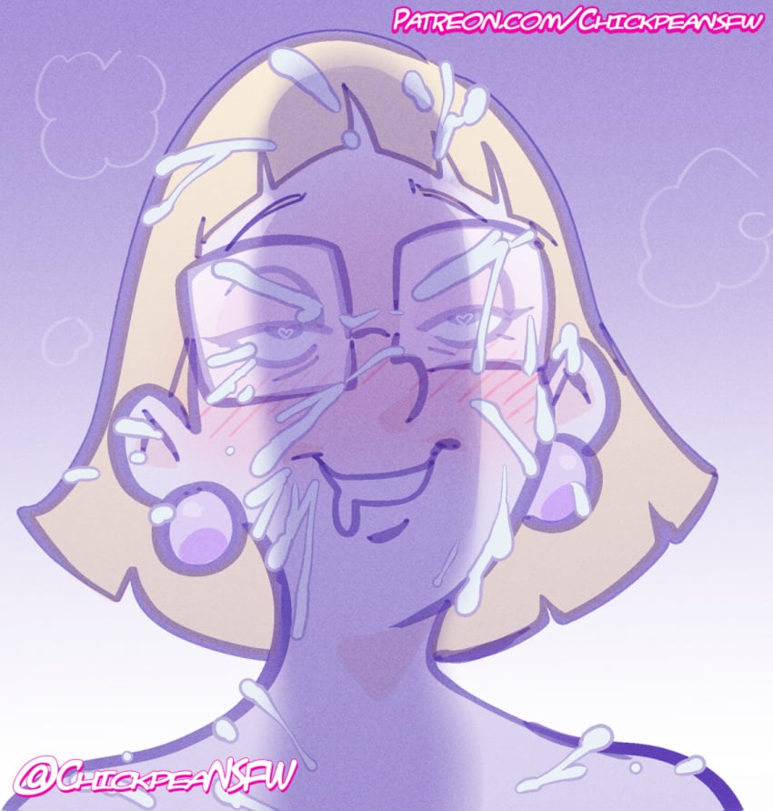 1boy big_penis blonde_hair blush bukkake chickpea earrings facial female female glasses gradient_background hey_arnold! milf miriam_pataki nickelodeon nipples penis penis_shadow pleasure_face purple_background short_hair simple_background straight uncensored unseen_male