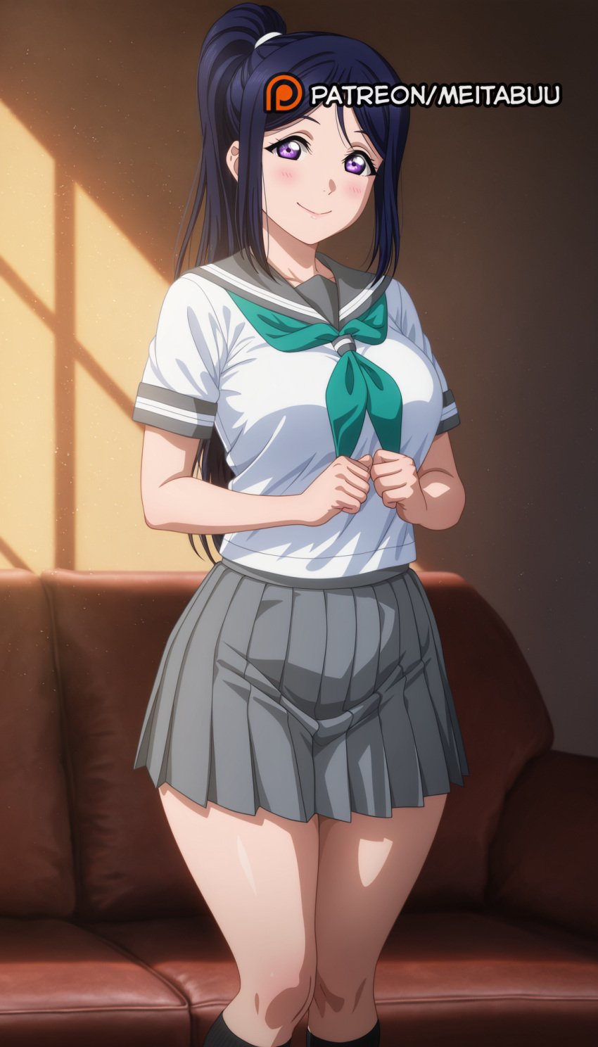 ai_generated aqua_neckerchief black_socks blue_hair blush breasts closed_mouth couch dark_blue_hair female green_neckerchief grey_sailor_collar grey_skirt high_ponytail indoors kneehighs large_breasts long_hair looking_at_viewer love_live! love_live!_sunshine!! matsuura_kanan meitabuu miniskirt neckerchief on_couch parted_bangs pleated_skirt ponytail purple_eyes sailor_collar school_uniform serafuku shirt short_sleeves sidelocks skirt smile socks solo standing thighs uranohoshi_school_uniform white_shirt window_shade