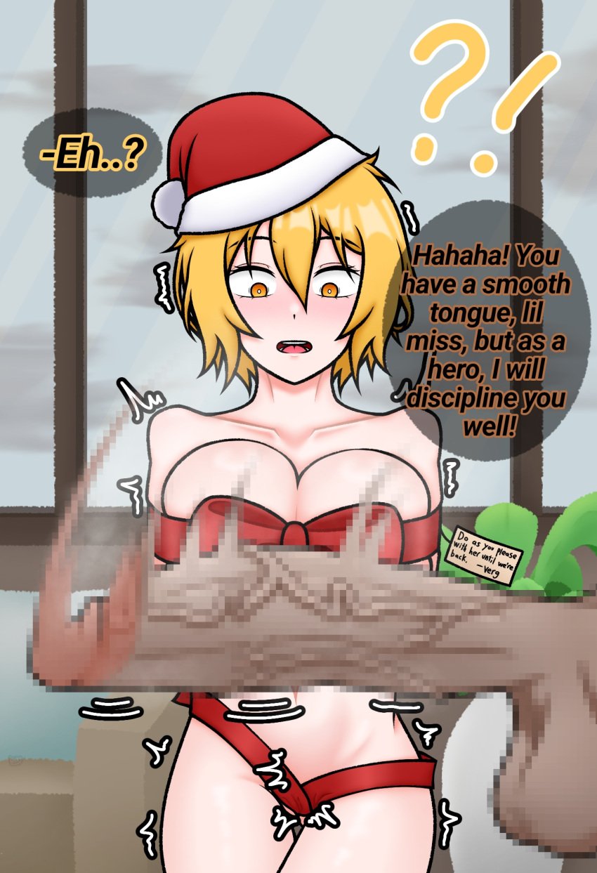 1boy 1girl1boy 1girls big_breasts big_penis blonde_female blonde_hair blush blushing_female bondage breasts censored dialogue don_quixote_(limbus_company) english_text female gift gift_wrapping huge_cock kreky large_breasts limbus_company male mosaic_censoring motion_lines partially_clothed penis project_moon ribbon ribbon_bondage ribbons shocked shocked_expression siegfried_(limbus_company) standing steam suprised text text_bubble throbbing throbbing_penis veiny_penis yellow_eyes yellow_hair