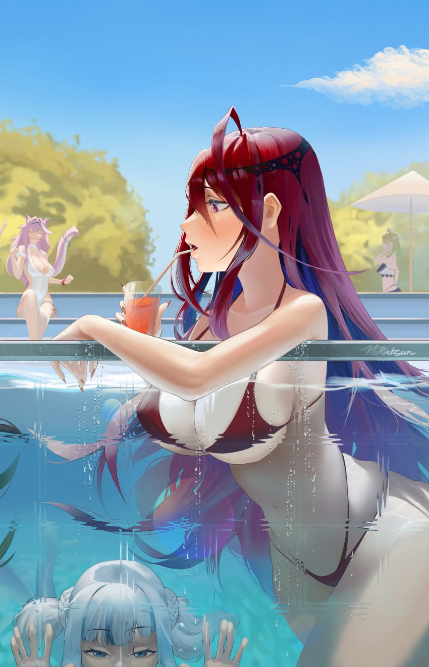 big_breasts bikini blue_hair breasts colored_inner_hair elizabeth_rose_bloodflame female female_only hololive hololive_english hololive_english_-justice- light-skinned_female light_skin multicolored_hair nikatsun pool red_eyes red_hair swimwear very_long_hair virtual_youtuber