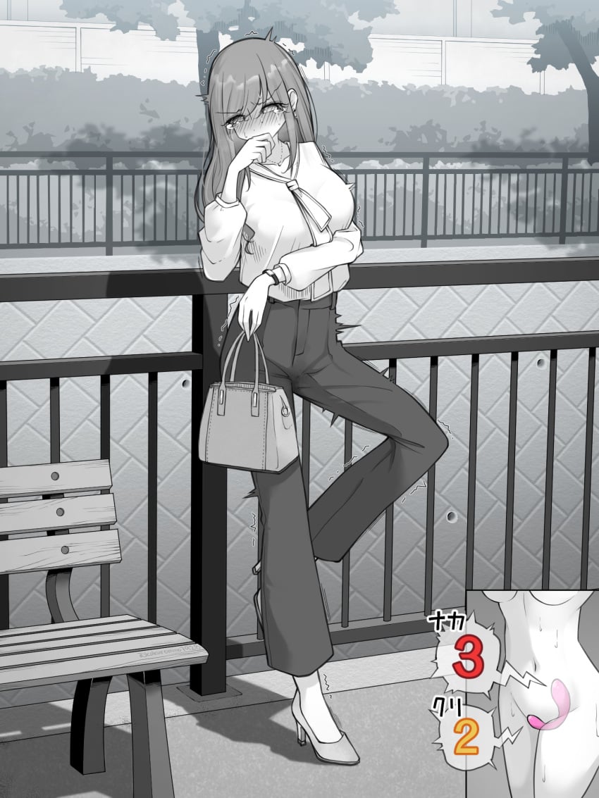 bag blush breasts commentary_request covering_own_mouth female highres kakuremino7928 large_breasts large_variant_set limited_palette long_hair neckerchief object_insertion original outdoors pants remote_control_vibrator sex_toy shirt standing standing_on_one_leg vaginal_object_insertion vaginal_penetration variant_set vibrator vibrator_under_clothes