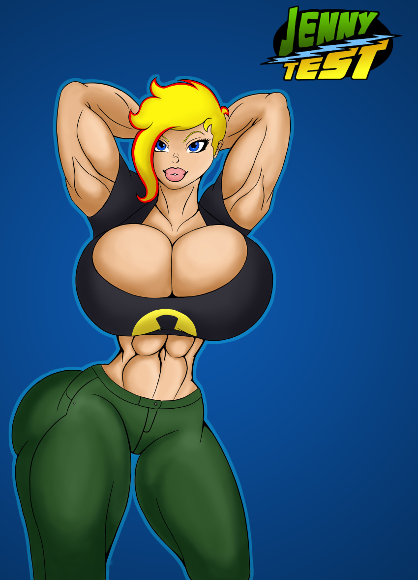 abs amazon big_breasts big_lips bimbo blonde_hair canon_genderswap cartoon_network female genderswap_(mtf) green_pants hands_behind_head huge_breasts jenny_test johnny_test johnny_test_(series) midriff midriff_baring_shirt muscles muscular muscular_female red_hair rule_63 thick_lips tomkat96 two_tone_hair yellow_hair