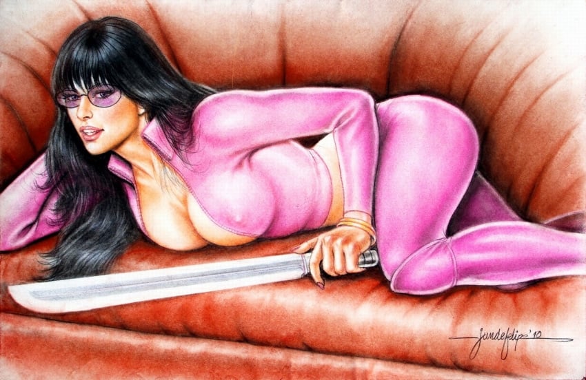 1girls 2010 ass big_breasts black_hair bracelet bracelets breasts busty cleavage couch curvaceous curvy dated erect_nipples erect_nipples_under_clothes female female_only hand_in_hair holding_sword holding_weapon human jacket jun_de_felipe large_breasts long_hair lying lying_down lying_on_stomach milla_jovovich nail_polish nipple_bulge nipples pants pink_jacket pink_lips pink_lipstick pink_nail_polish pink_nails pink_pants pinup purple-tinted_eyewear signature solo sunglasses sword thick_thighs thighs tinted_eyewear ultraviolet_(film) violet_song_jat_shariff voluptuous weapon