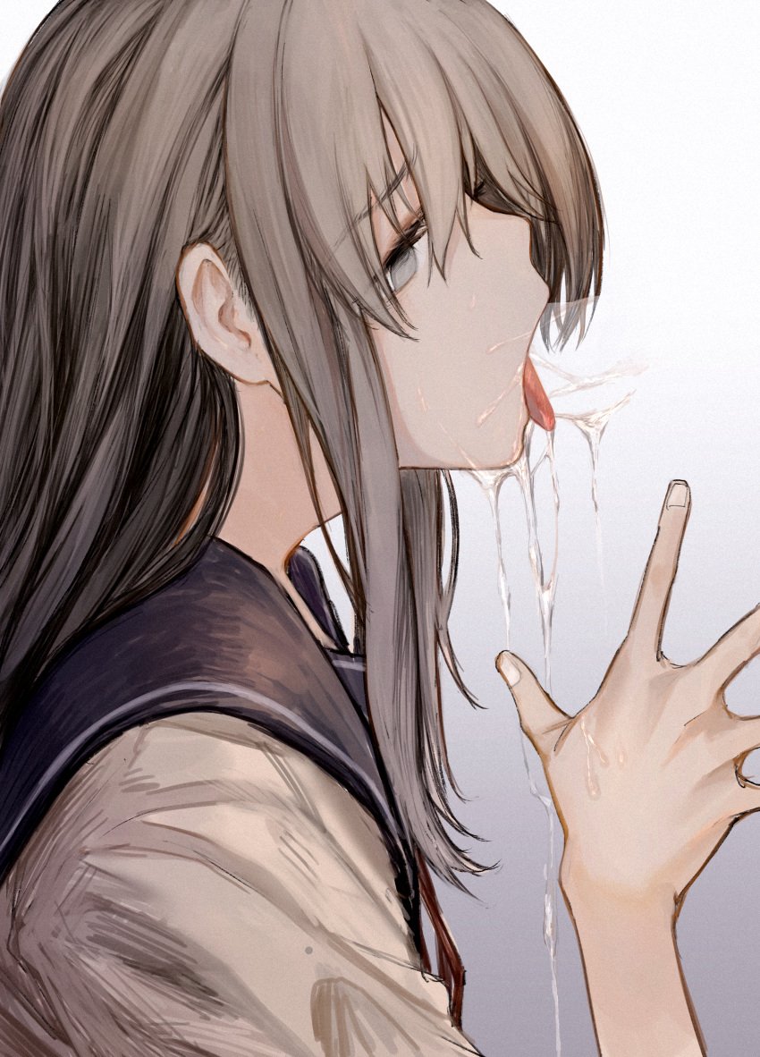 absurdres bangs black_hair cum cum_in_mouth cumdrip deepthroat eyebrows_visible_through_hair fellatio female from_side gradient gradient_background grey_eyes grey_hair hand_up highres invisible_penis oral original richard_viii school_uniform serafuku sidelocks solo_focus straight throat_bulge upper_body