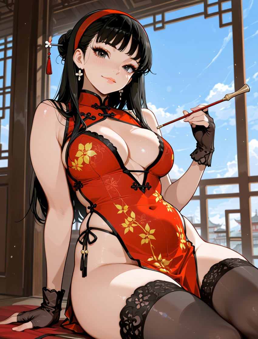 1girl ai_generated amagi_yukiko arlequin097 arm_support atlus bare_shoulders black_eyes black_gloves black_hair black_thighhighs blue_sky breasts china_dress chinese_clothes cleavage cleavage_cutout closed_mouth clothing_cutout cloud covered_navel day dress earrings fingerless_gloves floral_print gloves hair_bun hair_ornament hair_stick hairband holding holding_smoking_pipe indoors jewelry large_breasts long_hair looking_at_viewer panty_straps pelvic_curtain persona persona_4 red_dress red_hairband side-tie_panties side_slit sitting sky sleeveless sleeveless_dress smile smoking_pipe solo tassel tassel_earrings thighhighs thighs underwear yukiko_amagi