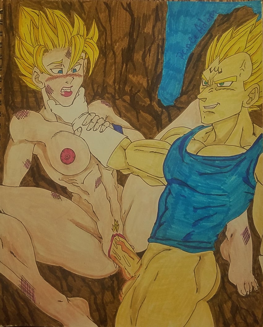 1boy 1girls beat_up beaten choke_hold defeated defeated_heroine dragon_ball dragon_ball_z enemy_conversion female female_goku majin_mark male nipples princeadam rape rough_sex rule_63 saiyan sex son_goku straight straight_hair super_saiyan super_saiyan_2 traditional_media_(artwork) vegeta