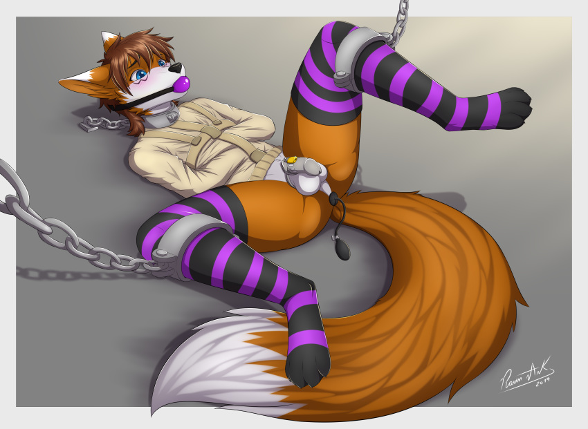 absurd_res anthro asylum ball_gag blush bondage bound buttplug canid canine chained chastity_cage chastity_device fox gag hi_res inflatable_buttplug inflatable_insertable inflatable_sex_toy luvini male malesub mammal plugged raven-ark sex_toy stockings straitjacket thighhighs