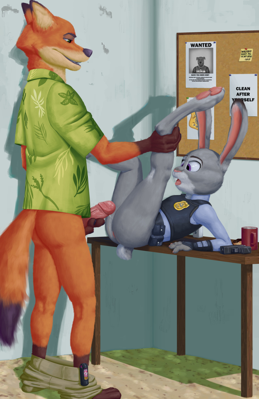 2019 anthro anus ass big_penis bodily_fluids canid canine canis clothed clothing detailed_background disney duo erection female fox fur genital_fluids grey_fur grip hi_res humanoid_penis judy_hopps lagomorph laying_on_table leporid male mammal multicolored_fur nick_wilde nude open_mouth orange_fur penis police police_officer police_uniform purple_eyes rabbit sex sex_on_table smile standing straight tall_lizzard_(artist) tongue topwear uniform unprofessional_behavior white_fur zootopia