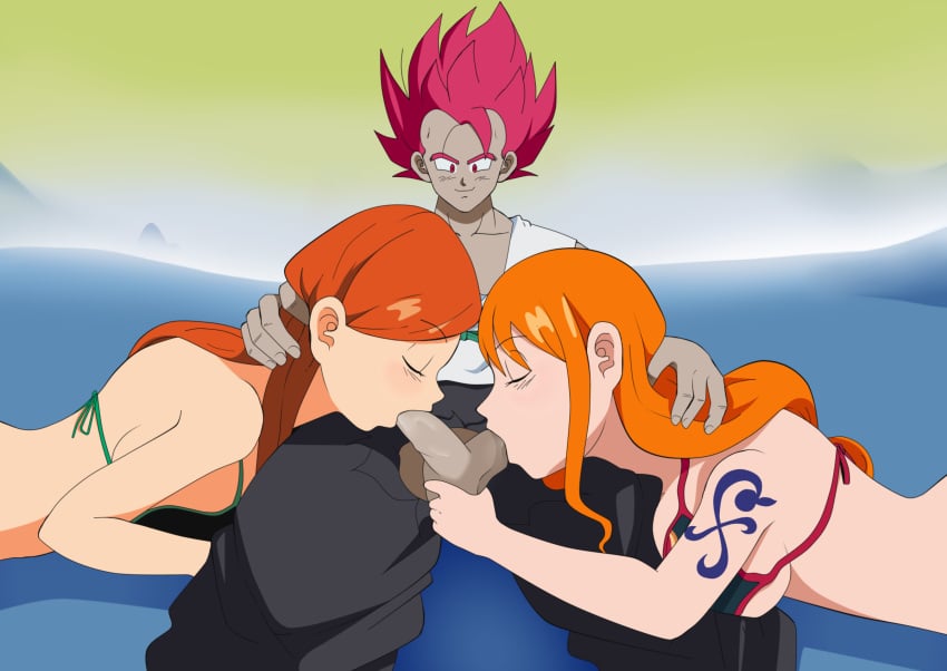 1boy 2girls artist_request ball ball_fondling big_breasts bleach blowjob brown_eyes collaborative_fellatio crossover dragon_ball dragon_ball_xenoverse european fellatio female fringe ginger inoue_orihime male multiple_girls nami on_side one_piece oral orange_hair original_character straight_hair swedish teamwork