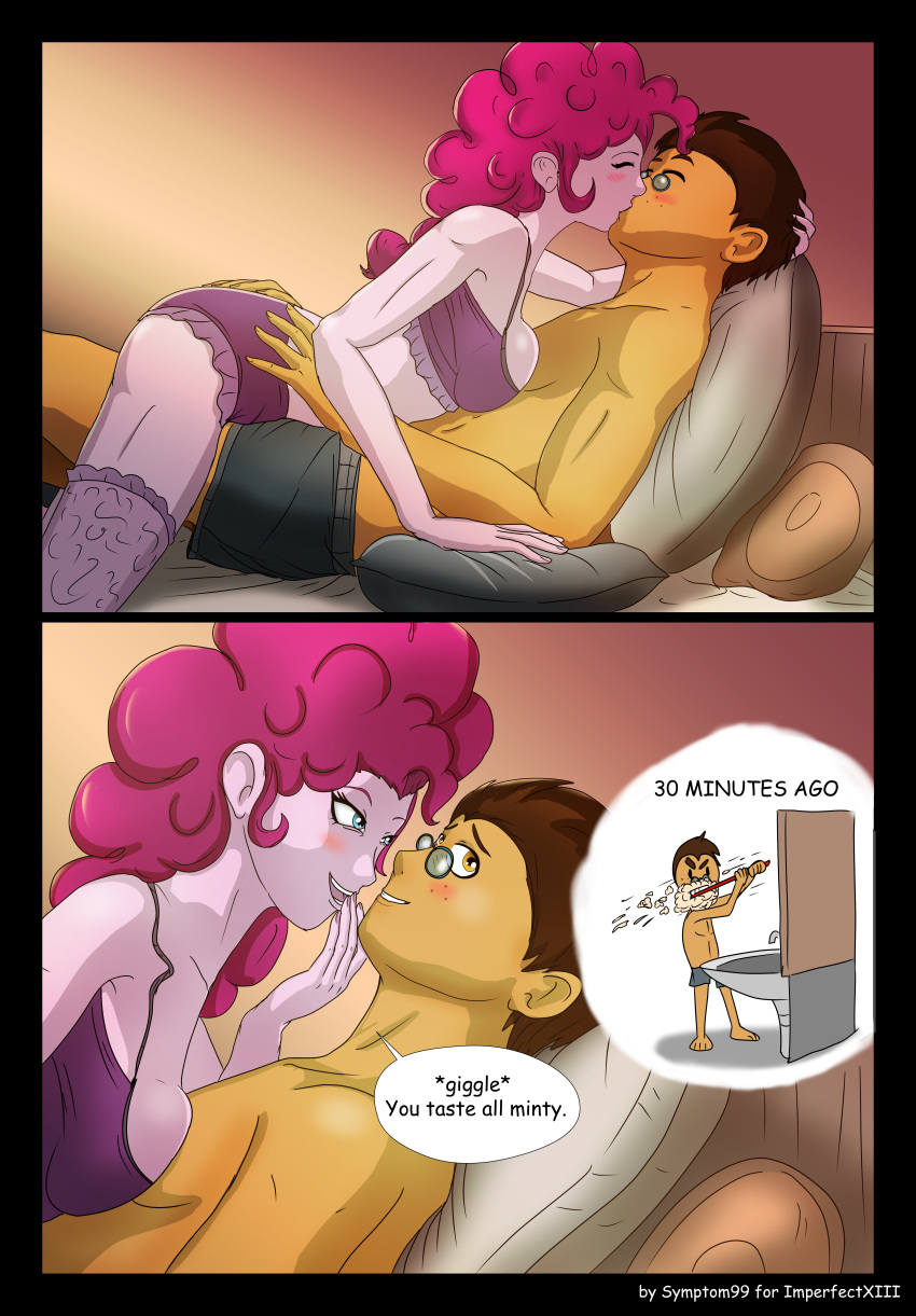 comic dialogue equestria_girls friendship_is_magic hasbro human_male human_only humanized kissing lingerie my_little_pony original_character pinkie_pie_(mlp) straight straight_hair symptom99