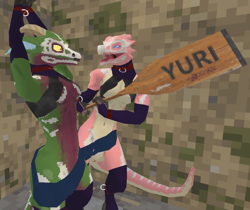 3d anthro bondage bound breasts clothing cuff_(restraint) digital_media_(artwork) duo english_text female female/female genitals hi_res horn kobold kobold_dellarte kret low_poly pussy reptile restraints scalie shocked simple_background submissive tail text tik_tik yaoi_paddle