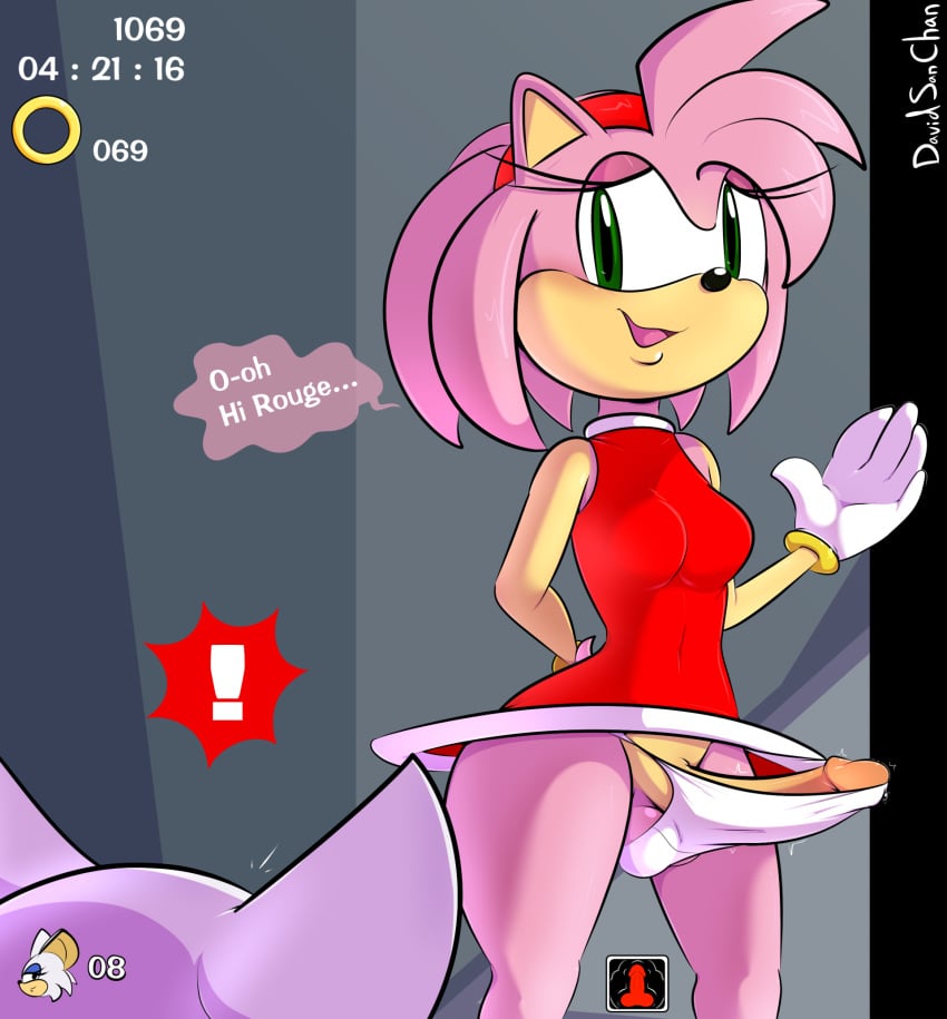 accessory amy_rose anthro balls bat blush bodily_fluids bracelet clothed clothing davidsanchan dialogue dress duo erection erection_under_clothing eulipotyphlan exclamation_point female fur futa futanari genital_fluids genitals gloves green_eyes gynomorph hair_accessory hairband handwear hedgehog hi_res intersex jewelry mammal nervous_smile number panties penis penis_in_panties pink_body precum ring rouge_the_bat sega sonic_(series) sonic_the_hedgehog_(series) speech_bubble underwear upskirt white_body white_clothing white_fur white_panties white_underwear