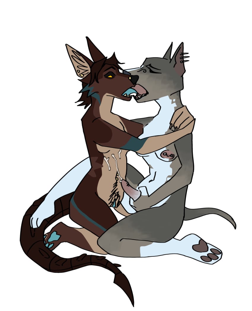 alien american_pit_bull_terrier anthro big_clitoris bodily_fluids breasts canid canine canis centepeed clitoris cum cum_on_body domestic_dog duo ejaculation female female/female futanari genital_fluids genitals herm hi_res hunting_dog intersex jackal kissing_while_cumming making_out mammal masturbation medium_breasts penis piercing pit_bull shapeshifter shocked small_breasts terrier