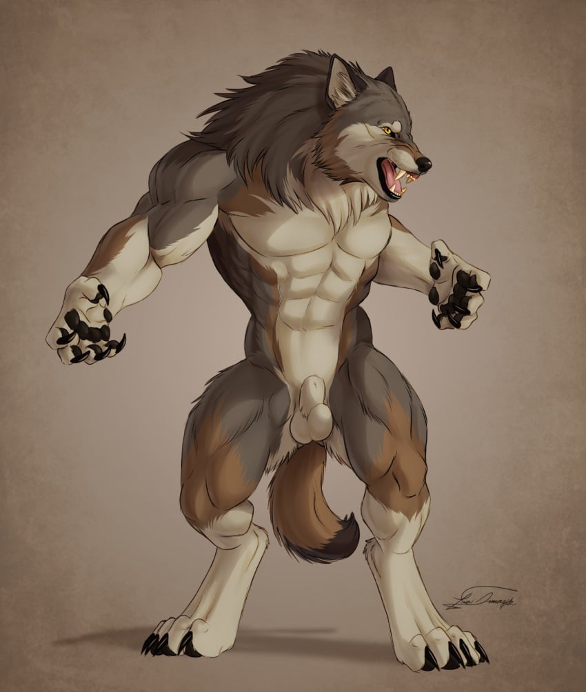 4_toes 5_fingers abs angry animal_genitalia anthro arms_out attack_pose balls biceps big_chest big_muscles biped black_claws black_lips black_markings black_nose black_pawpads broad_shoulders brown_background brown_body brown_fur brown_markings calf_muscles canid canine cheek_tuft claws curled_fingers deltoids digitigrade dipstick_tail facial_tuft fangs feet finger_claws fingers fluffy fluffy_mane fluffy_tail forearm_muscles fur genitals grey_body grey_fur hi_res inner_ear_fluff leg_markings lips male mammal mane markings multicolored_body multicolored_fur muscular muscular_anthro muscular_male mythological_canine mythological_creature mythology neck_tuft nude open_mouth pawpads paws pecs pivoted_ears quads serratus shaded sharp_fangs sheath signature simple_background socks_(marking) soft_shading solo standing tail tail_markings tan_body tan_fur teeth textured_background thetigress toe_claws toes tongue triceps tuft warm_colors werecanid werecanine werecreature werewolf whisker_spots whiskers yellow_eyes