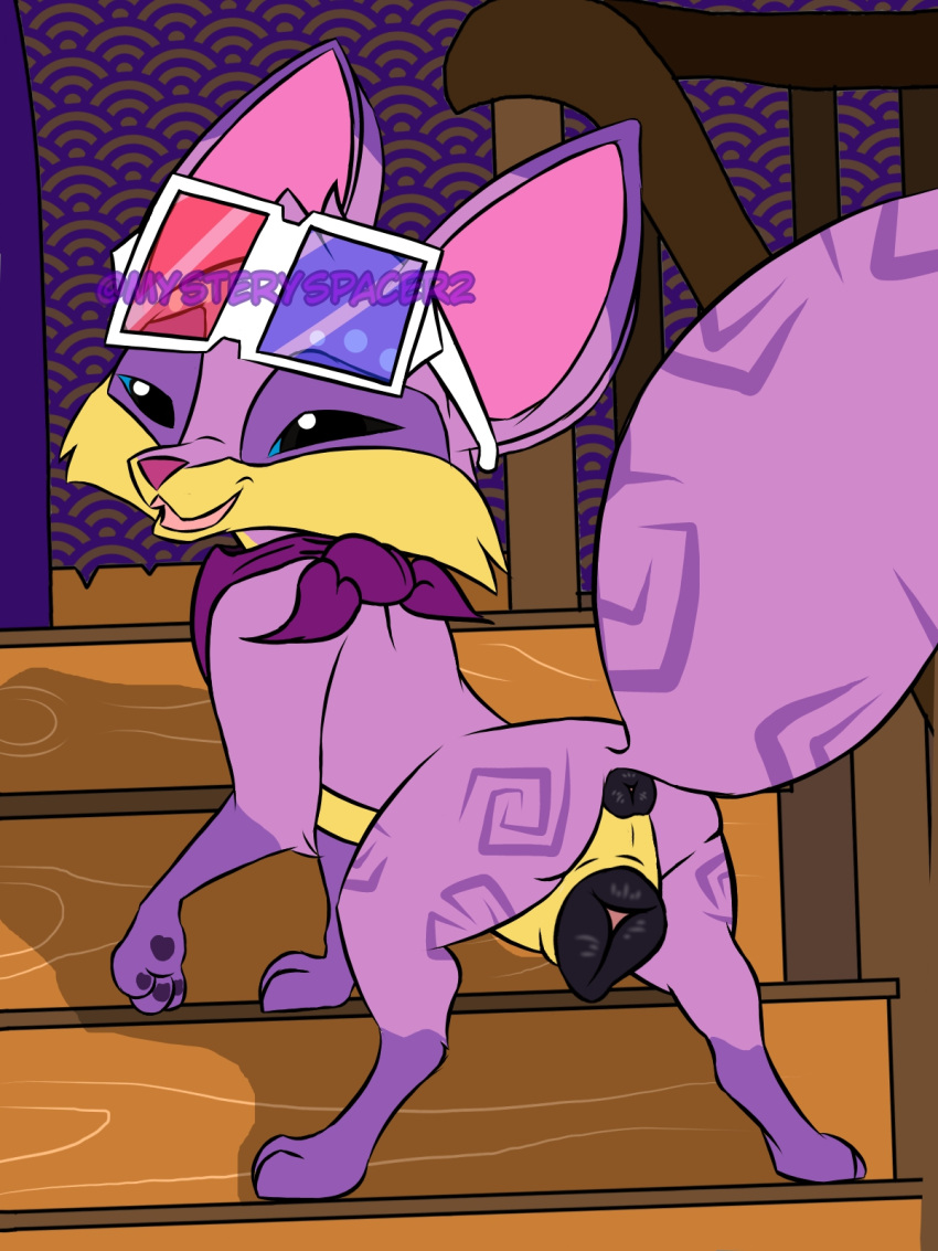 animal_genitalia animal_jam animal_pussy anus ass ass_up canid canine canine_genitalia canine_pussy female feral flirting fox fur genitals handkerchief hi_res kerchief knot ladder lens_flare looking_at_viewer looking_back male male_only mammal markings maximilianofox pawpads paws purple_body purple_fur pussy smile spread_legs spreading tail tribal tribal_markings wildworks