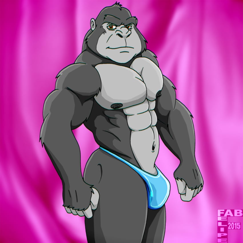 2015 5_fingers abs anthro ape biped black_body black_fur black_nipples blue_clothing blue_thong blue_underwear brown_eyes bulge clothed clothing digital_drawing_(artwork) digital_media_(artwork) fabfelipe fingers fur gorilla grey_body haplorhine hi_res male mammal mouth_closed multicolored_body muscular muscular_anthro muscular_male navel nipples portrait primate solo standing thong thong_only three-quarter_portrait topless topless_anthro topless_male two_tone_body underwear underwear_only