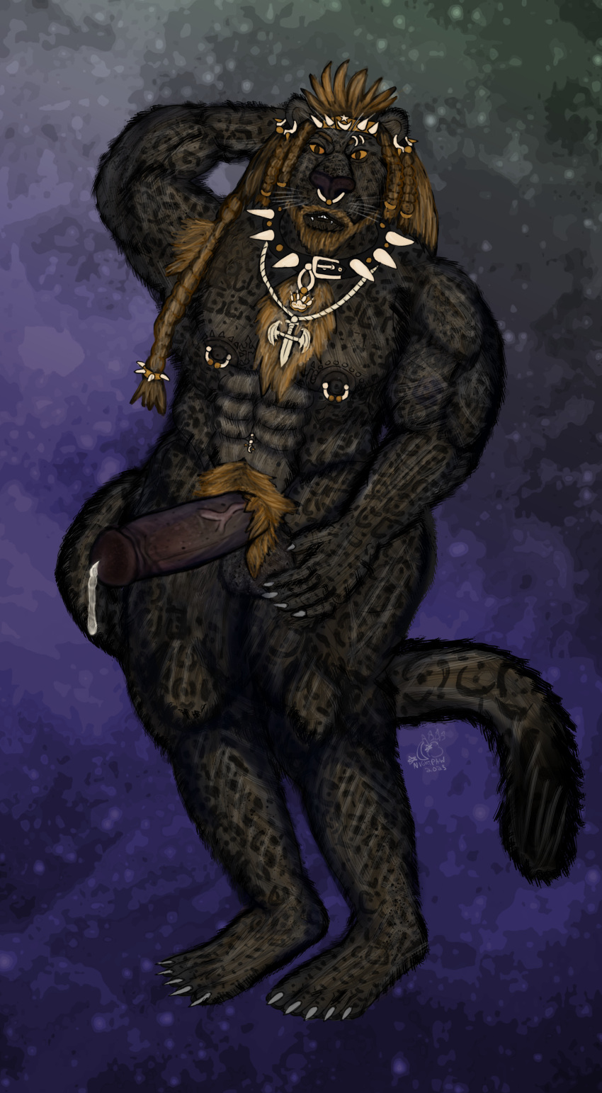 1boy abs absurd_res accessory anthro armpit_hair balls beard big_penis black_body black_fur blonde_hair bodily_fluids body_hair braided_hair braided_pigtails braided_ponytail chest_tattoo circumcised collar darius_nightpaw darius_nightpaw_(character) dripping ear_piercing ear_ring erection eyebrow_piercing eyebrows facial_hair facial_piercing felid fur genital_fluids genitals hair headband hi_res humanoid_genitalia humanoid_penis jaguar jewelry long_hair male male_only mammal markings melanistic muscular navel navel_piercing necklace nipple_piercing nipple_ring nipples nose_piercing nose_ring nude pantherine penis piercing ponytail precum precum_drip pubes ring_piercing solo spiked_collar spikes spiky_hair spots spotted_markings tail tattoo twintails yellow_eyes