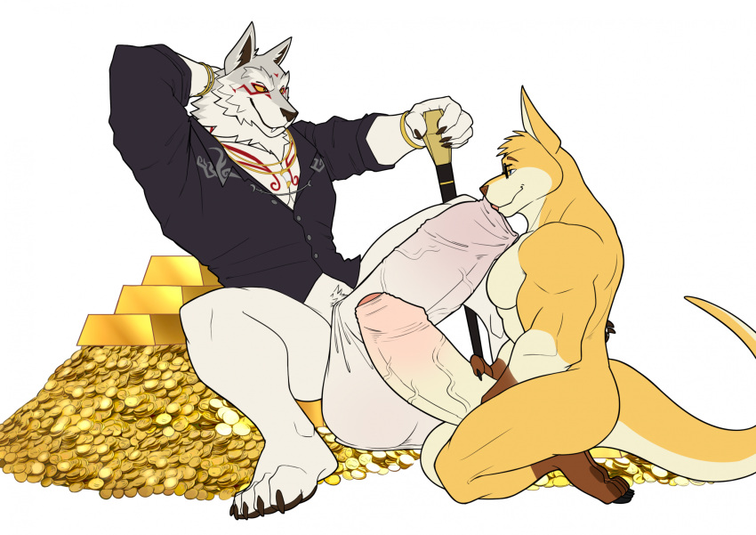 2025 al_song anthro balls big_balls big_penis bottomless canid canine canis clothed clothing digital_media_(artwork) duo epic_games erection fletcher_kane foreskin fortnite genitals gold_(metal) hi_res huge_balls huge_cock humanoid_genitalia humanoid_penis hyper hyper_balls hyper_genitalia hyper_penis kangaroo licking macropod male male/male mammal marsupial nude oral penile penis penis_lick pile_of_gold sex seyrmo tail tongue uncircumcised vein veiny_penis wolf
