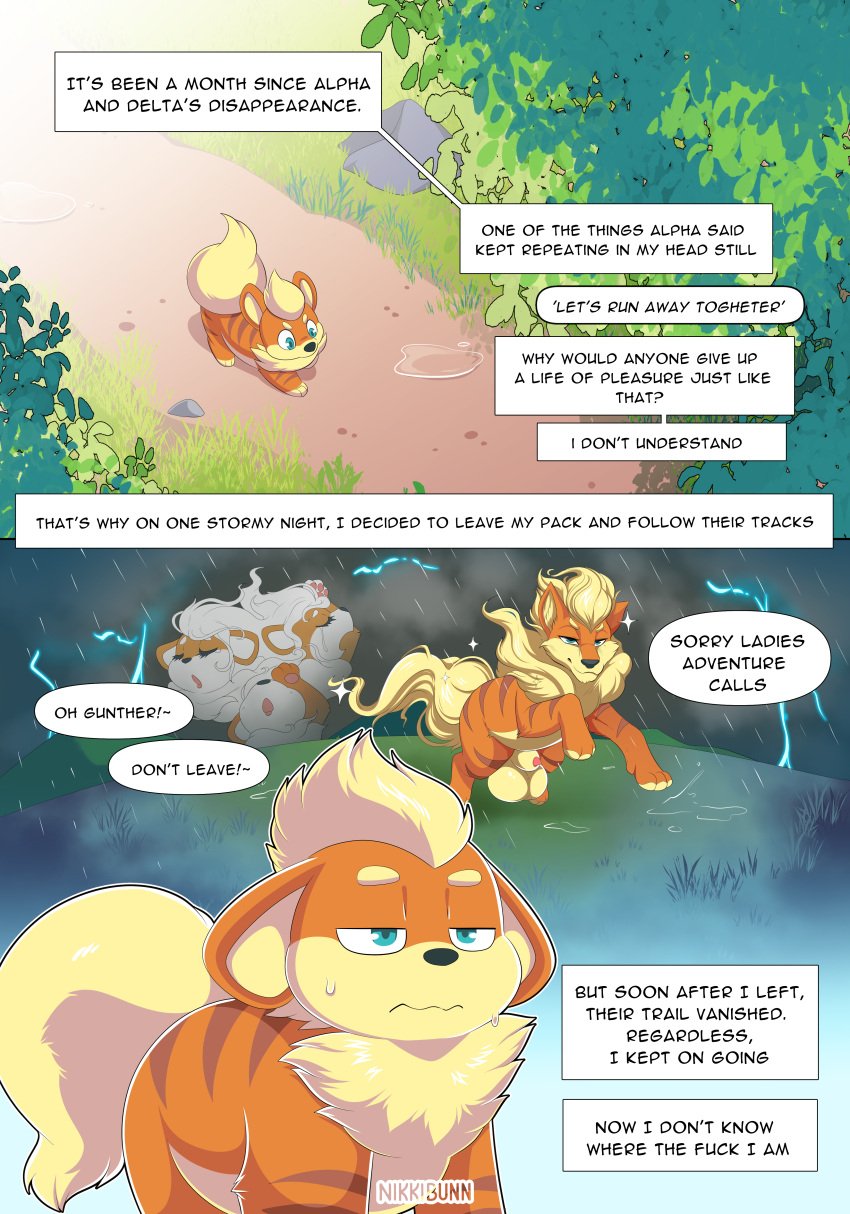 2025 absurd_res animal_genitalia animal_penis balls black_nose blue_eyes bodily_fluids canine_genitalia canine_penis comic detailed_background dialogue exclamation_point feral flaccid fur generation_1_pokemon genitals grass group growlithe gunther_(mating_season) hi_res male mouth_closed nikkibunn nintendo open_mouth orange_body orange_fur penis plant pokemon pokemon_(species) quadruped sheath speech_bubble sweat sweatdrop tail
