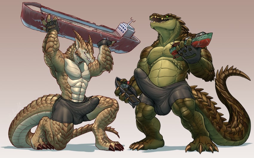 abs anthro balls_outline biceps big_tail boxer_briefs brutus_(pyronite) bulge carnak_(carpo) claws clothing crocodile crocodilian crush destroyed_vehicle destruction detailed_bulge dragon duo erection erection_under_clothing feet finger_claws fingerless_gloves genital_outline gloves green_body handwear hi_res macro male male/male muscular muscular_anthro muscular_male mythological_creature mythological_scalie mythology open_mouth paws pecs penis_outline pyronite(commissioner) reptile rollwulf scalie ship simple_background tail teeth thick_thighs toe_claws toes underwear vehicle watercraft