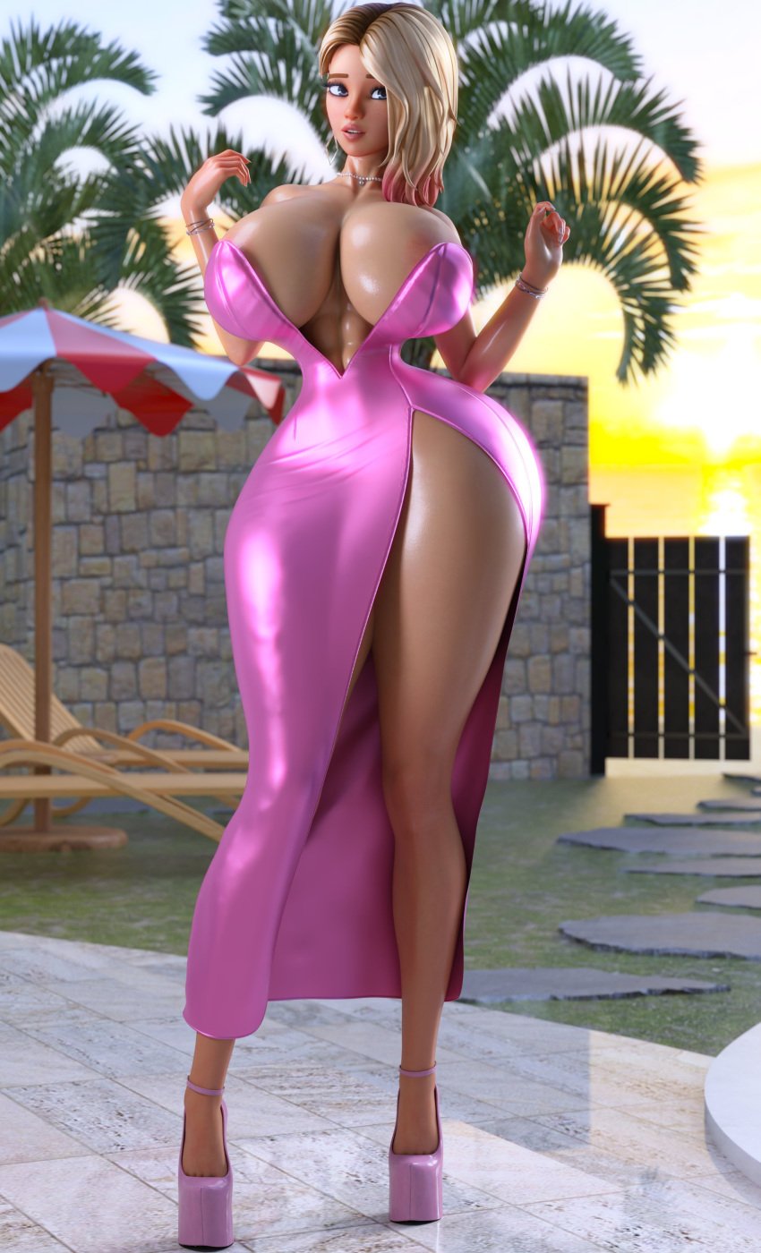 3d abs bimbo blonde_hair blue_eyes boob_window dyed_hair gwen_stacy gwen_stacy_(spider-verse) hi_res high_heels high_resolution highres huge_ass huge_breasts large_ass large_breasts marvel marvel_comics pearl_necklace pink_clothing pink_dress pink_hair ruidx spider-gwen spider-man:_across_the_spider-verse spider-man:_into_the_spider-verse spider-man_(series) thick thick_ass thick_lips thick_thighs thighs thin_waist