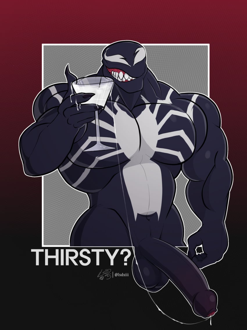 alien alien_humanoid balls big_muscles black_body bodily_fluids container cum cup digital_media_(artwork) drinking_glass empty_eyes english_text erection genital_fluids genitals glass glass_container glass_cup hi_res humanoid humanoid_genitalia humanoid_penis long_penis looking_at_viewer lsdxiii male male_only marvel marvel_rivals muscular navel not_furry nude penis sharp_teeth smile solo symbiote teeth text venom_(marvel) wine_glass