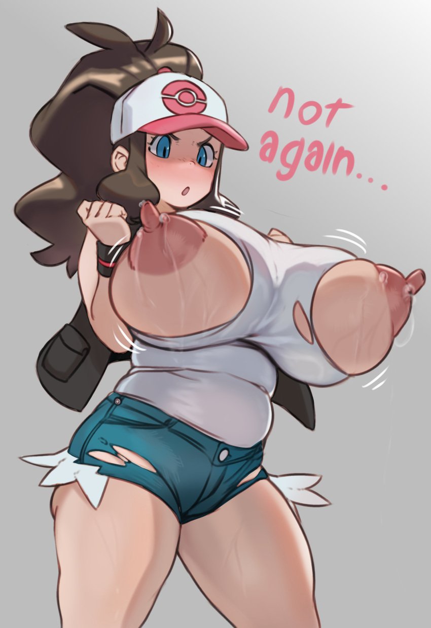 1girls bbw big_ass big_breasts big_nipples big_thighs blue_eyes breasts brown_hair chubby chubby_female female female_focus female_only hilda_(pokemon) huge_breasts lactating lactation lovelymobcorp pokemon puffy_nipples shorts thighs torn_clothes torn_clothing