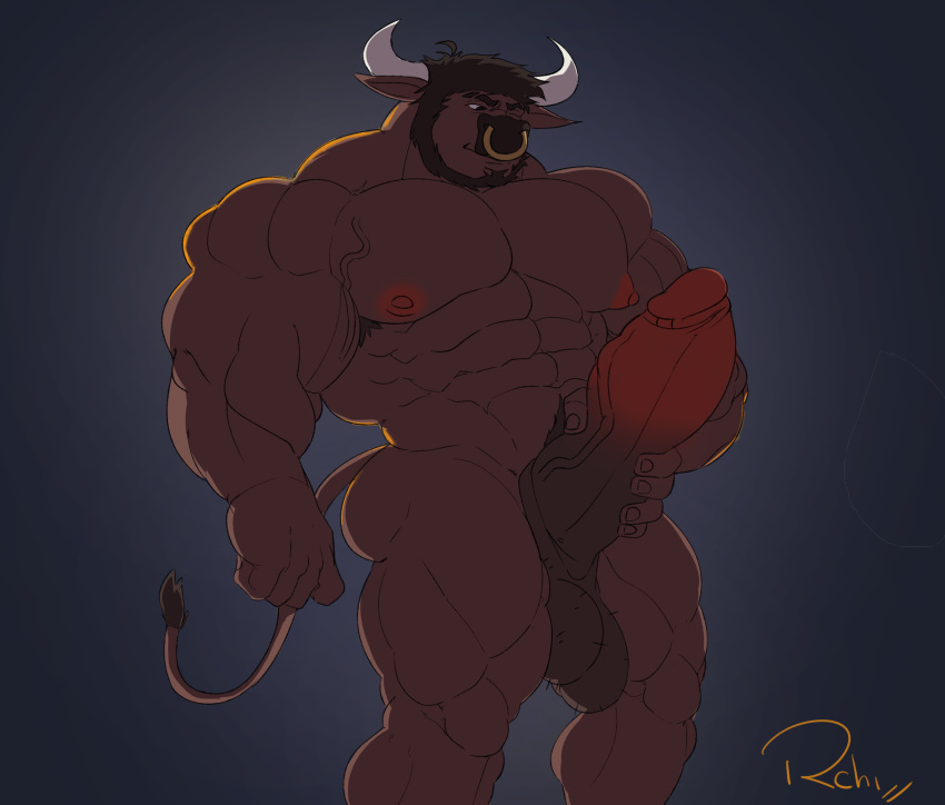 anthro balls beard big_balls big_penis bovid bovine cattle facial_hair facial_piercing genitals hair hi_res horn huge_cock humanoid_genitalia humanoid_penis male mammal masturbation muscular muscular_anthro muscular_male nipples nose_piercing nose_ring penis piercing remochi ring_piercing smile solo tail uthor_(darksideofdiscovery)