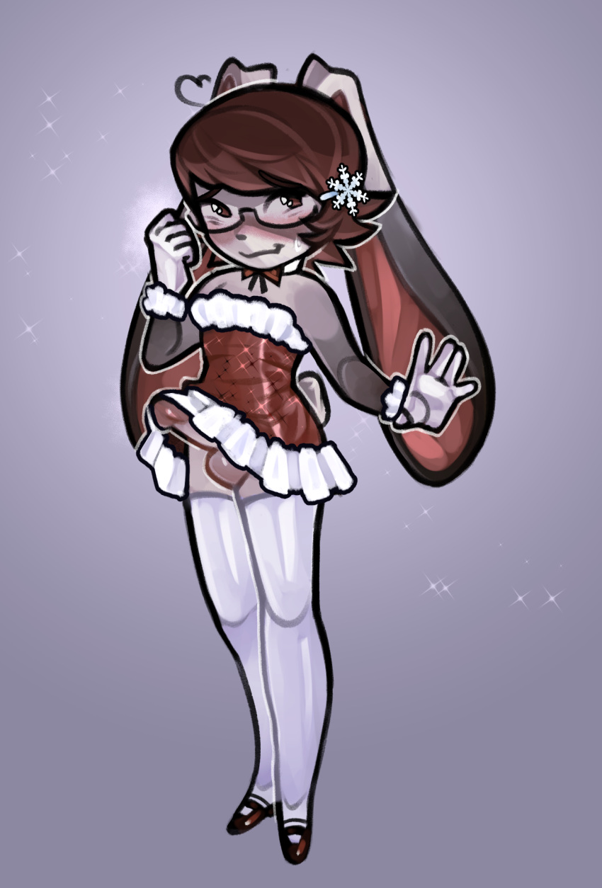 ahoge anthro bodily_fluids christmas christmas_clothing clothing eyewear flustered futanari genitals glasses gloves hair handwear herm hi_res holidays intersex kannoli lagomorph legwear leporid mammal nervous_smile penis penis_poking_out rabbit solo sweat thigh_highs trans_(lore) trans_woman_(lore)