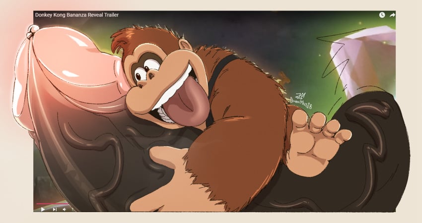 1boy anthro ape big_penis breadplus18 donkey_kong donkey_kong_(dkbananza) donkey_kong_(series) donkey_kong_bananza donkey_kong_in_overalls fixed_version_at_source genitals gorilla haplorhine hi_res humanoid male male/male mammal nintendo penis penis_grab primate smile solo tongue