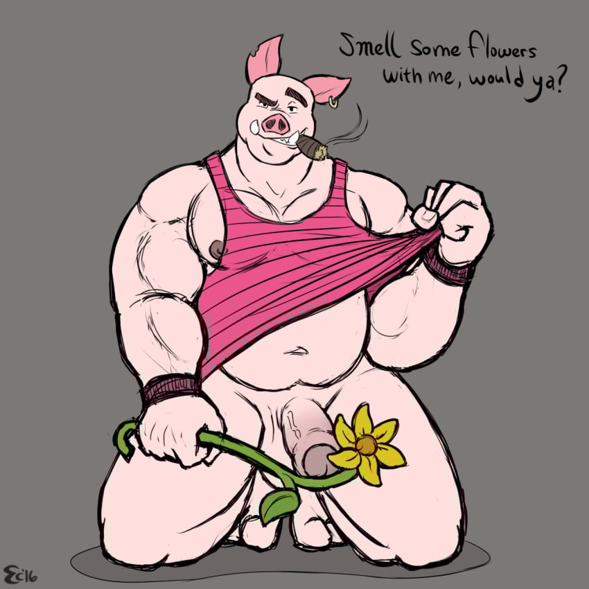 1:1 2016 5_fingers anthro areola balls biped bottomless bottomless_anthro bottomless_male cigar clothed clothing clothing_lift colored crouching dialogue disney domestic_pig duo ear_piercing ear_ring english_text ethancostas eyebrows feet fingers fist flower foreskin front_view full-length_portrait genitals glans grey_background half-erect hi_res holding_object humanoid_feet humanoid_genitalia humanoid_hands humanoid_penis inviting looking_at_viewer male mammal musclegut muscular muscular_anthro muscular_male navel nipples partially_retracted_foreskin pecs penis piercing piglet pink_clothing pink_shirt pink_tank_top pink_topwear pinup plant plantigrade portrait pose raised_eyebrow retracted_foreskin ring_piercing seductive shirt shirt_lift signature simple_background smile smirk smoke smoking smoking_cigar suid suine sunflower sus_(pig) talking_to_viewer tank_top teeth text toes topwear uncircumcised vein veiny_penis winnie_the_pooh_(franchise)