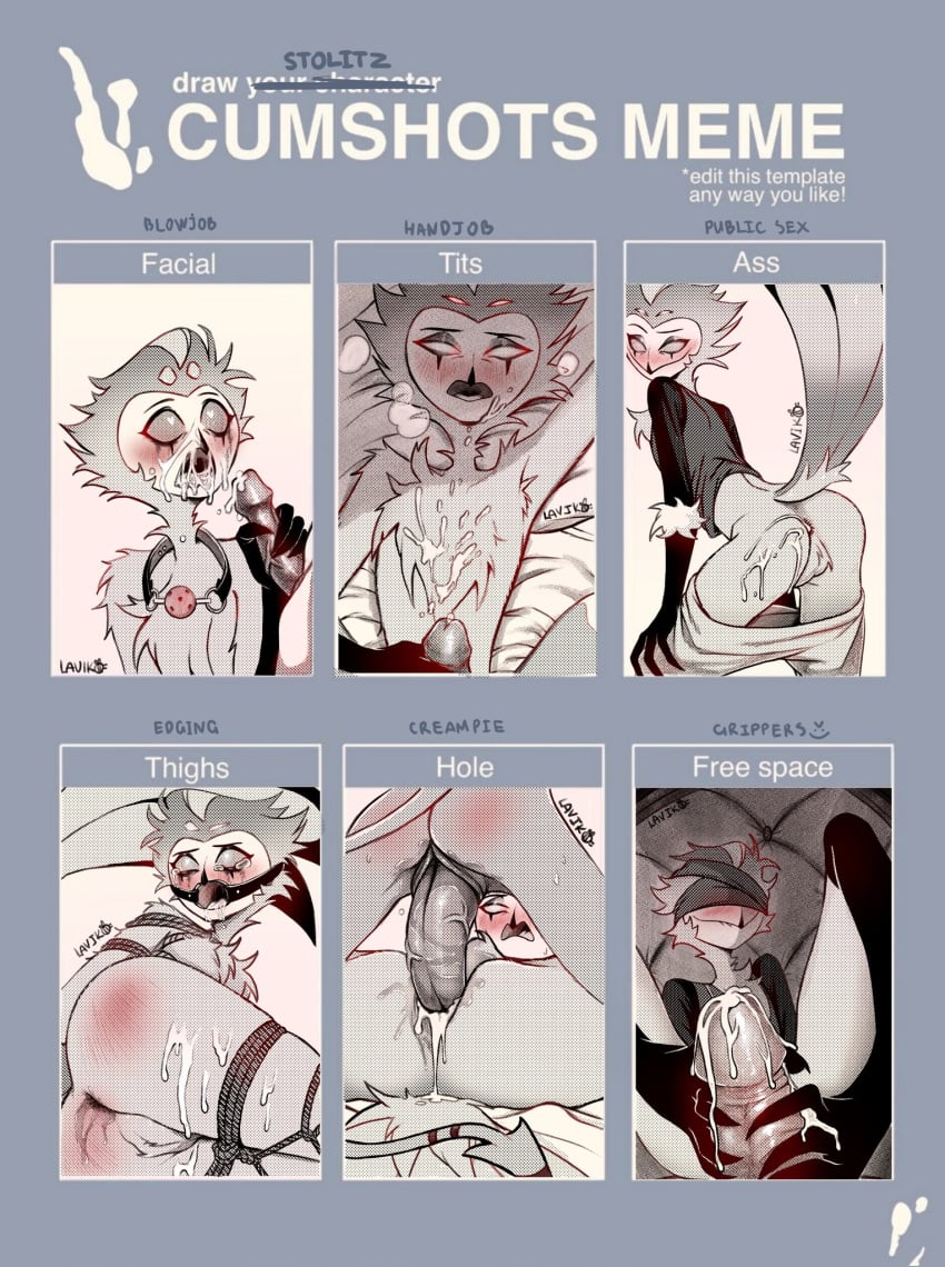blindfold blitzo_(helluva_boss) blowjob blush bondage clothed cock crying cum_in_ass cum_in_mouth cum_on_ass cum_on_chest cumshot cumshot_into_mouth cumshot_on_face cumshots_meme facial footjob handjob helluva_boss laviko_weird mascara_tears owl penis red_eyes sex_toy stolas_(helluva_boss) tail talonjob tied_up