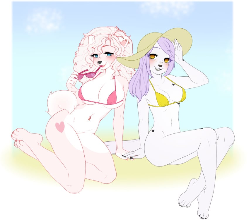2021 2girls belly_button_piercing bikini bikini_top black_nails blue_background blue_eyes blush bottomless bottomless_female breasts brown_eyes canine cleavage desireeu duccidraws ear_piercing eyewear_removed female female_only furry hand_holding jenessa_(lyvewyrestudios) lola_(allriane) long_hair original original_character original_characters piercing piercings pink_bikini pink_bikini_top pink_fur pink_lips pink_nails purple_hair purple_lips sky_background sunglasses sunhat thighs white_fur yellow_bikini yellow_bikini_top