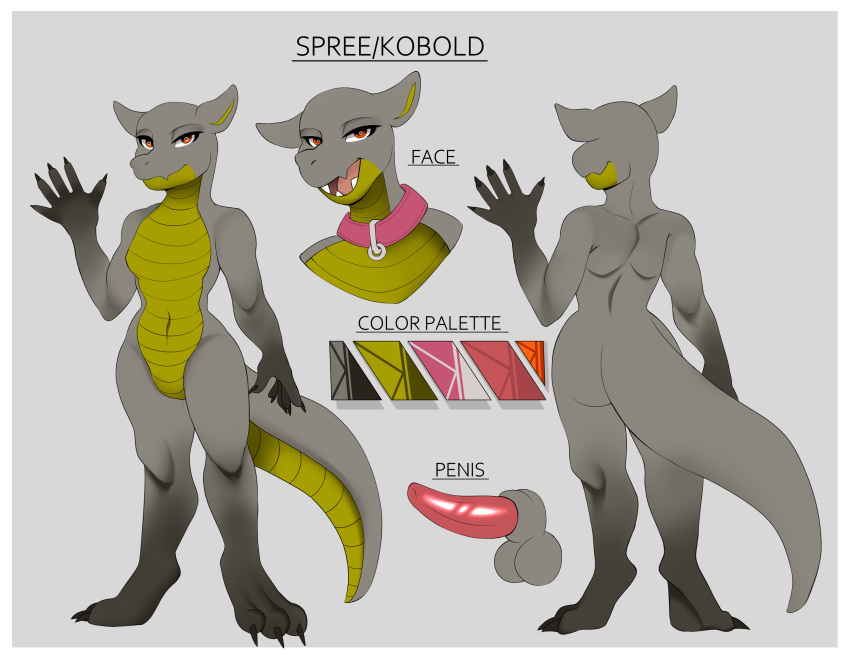 absurd_res anthro collar collar_only digital_drawing_(artwork) digital_media_(artwork) fur genitals green_body green_fur grey_body grey_fur hi_res kobold male model_sheet multicolored_body multicolored_fur multicolored_tail nude nude_anthro nude_male open_mouth orange_eyes palette pamen pamenpie penis pink_collar reference_image scalie solo tail