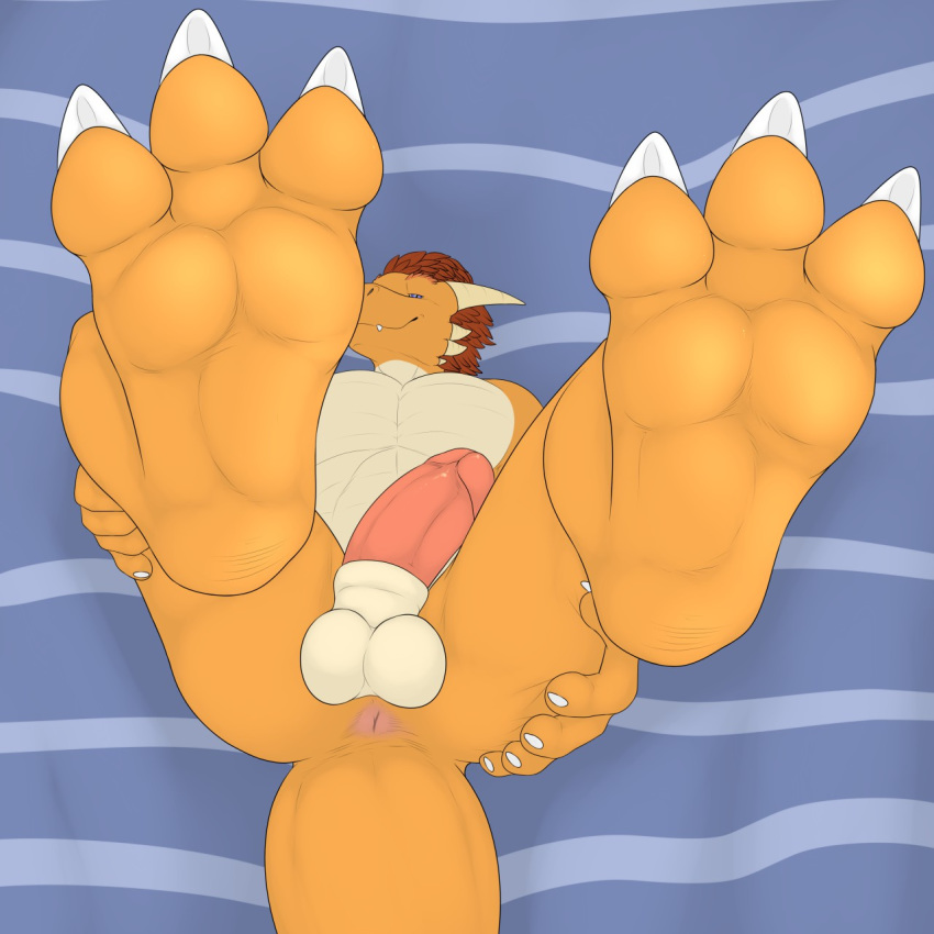 1:1 2019 3_toes 3dinoz 5_fingers anthro anus balls bed_sheet bedding bedroom_eyes blue_eyes brown_hair claws digitigrade dinosaur dromaeosaurid erection grin hair half-closed_eyes hand_on_butt hi_res horn humanoid_penis inviting looking_at_viewer male male_only multicolored_skin nude orange_skin penis pink_penis presenting presenting_anus reptile scalie seductive smile solo theropod thick_penis toe_claws toes two_tone_skin velociraptor white_skin